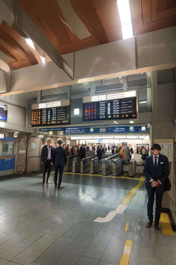 masterpiece, best quality, ultra-detailed, extremely detailed, illustration,kaisatsu, STOKYO, train staion, multiple boys, indoors, ceiling light, train station, reflective floor, tiles, scenery, tile floor, realistic,  <lora:STkaisatsui_V1_1_MIDD:1>