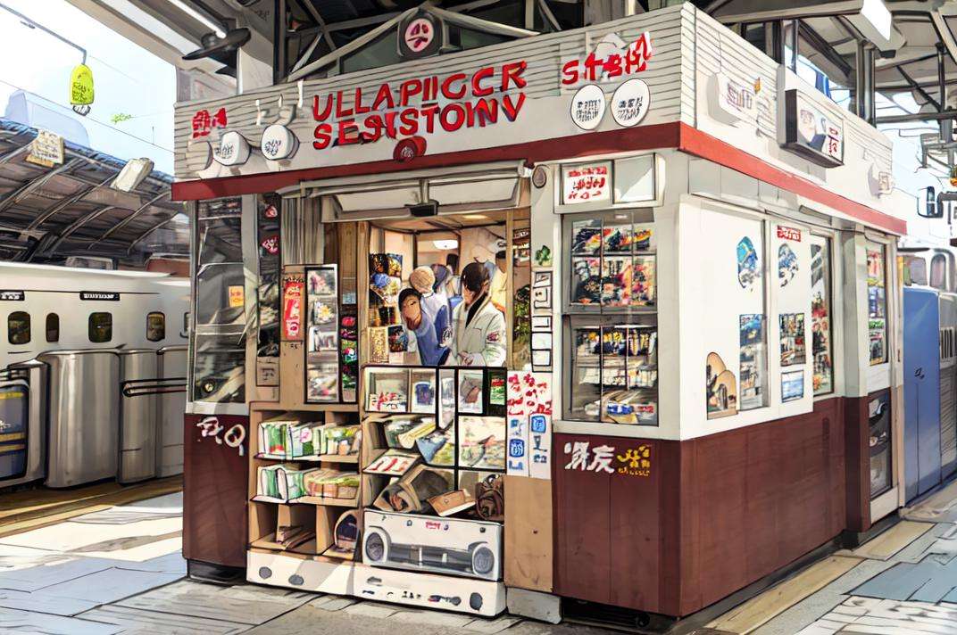 masterpiece, best quality, ultra-detailed, extremely detailed, illustration,STOKYO, STSDS, shop, convenience store, scenery, shop, convenience store, train station,  <lora:STSDSi_V1_1_MIDD:1>