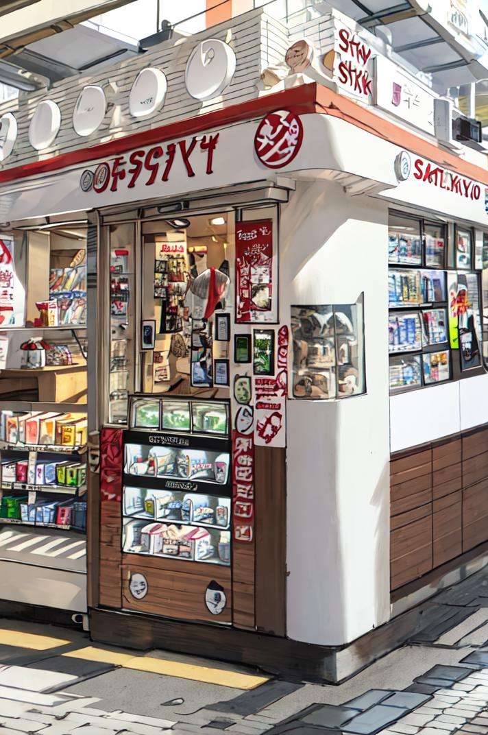 masterpiece, best quality, ultra-detailed, extremely detailed, illustration,STOKYO, STSDS, shop, convenience store, storefront, real world location, outdoors, building, <lora:STSDSi_V1_1_MIDD:1>
