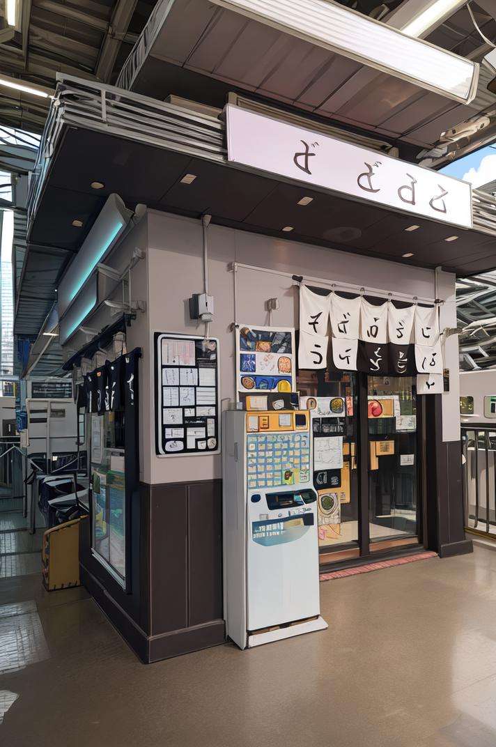 masterpiece, best quality, ultra-detailed, extremely detailed, illustration,STOKYO, STSSOBAYA, shop, scenery, sign, train station, door, real world location, shop, outdoors, building,  <lora:STSsobayai_V1_1_MIDD:1>