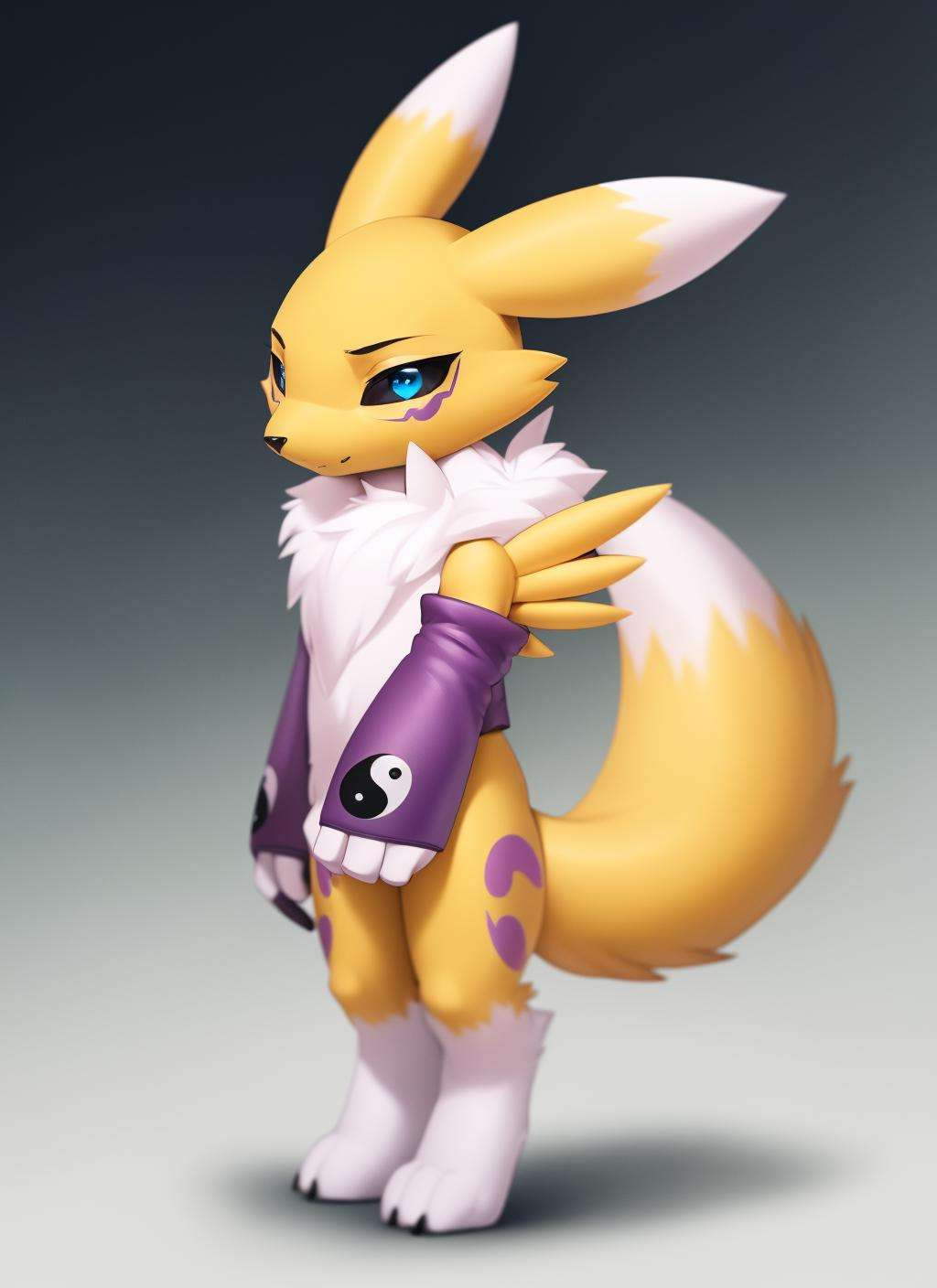 renamon, furry, (chibi:1.1), anthro, ambiguous gender, portrait, fully body, standing, solo, (body fur:1.2), (best quality), gradient background, studio lighting, (detailed fluffy fur:1.1), looking at viewer, yin yang print, bridal gauntlets, tail, leg tattoo, <lora:renamon-v1:1>