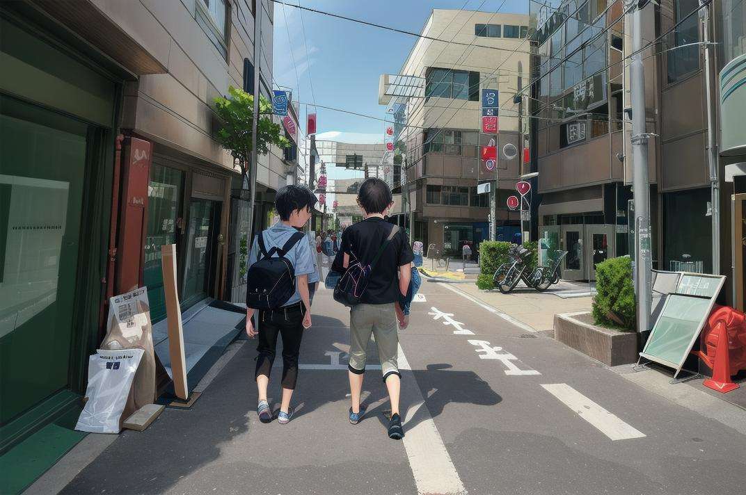 masterpiece, best quality, ultra-detailed, extremely detailed, illustration,NishikitaKouen, hokuseiguchi, ground vehicle, car, outdoors, motor vehicle, tree, road, building, scenery, 1boy, street, 1girl, sky, day, bag, pants, city, multiple boys, black pants, real world location,  <lora:NishikitaKouen_1_MIDD_Resize_DIM8:1>