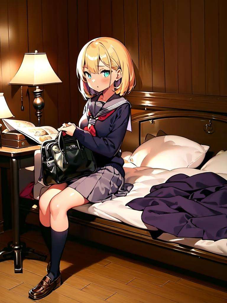 masterpiece, best quality, ultra-detailed, illustration,(1girl:1.4), solo, school uniform, school bag,lovehotel, lamp, bed, indoors,  wooden floor, table, carpet, door, pillow, couch,  nightpanel,<lora:lovehotelV42:0.6>