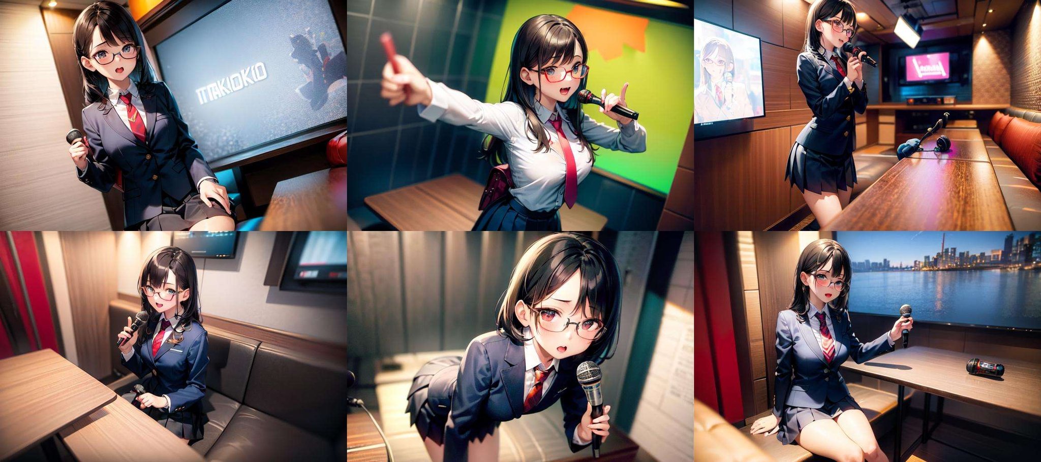 masterpiece, best quality, ultra-detailed, illustration,(1girl:1.4),solo, glasses, ,teenage,  black hair, school bag, white collared shirt, dark red necktie, navy blue pleated skirt, blazer,karaokeroom, karaoke, microphone,