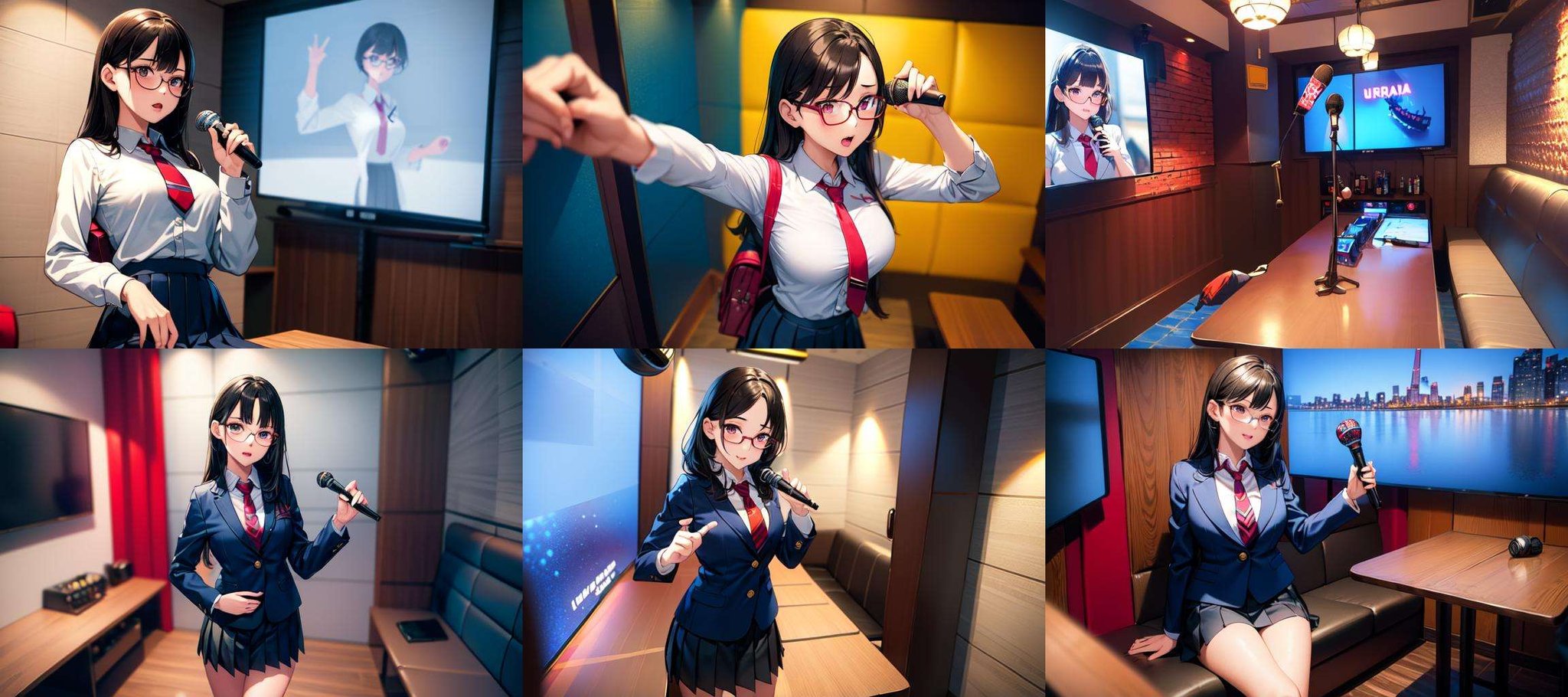 masterpiece, best quality, ultra-detailed, illustration,(1girl:1.4),solo, glasses, ,teenage,  black hair, school bag, white collared shirt, dark red necktie, navy blue pleated skirt, blazer,karaokeroom, karaoke, microphone,