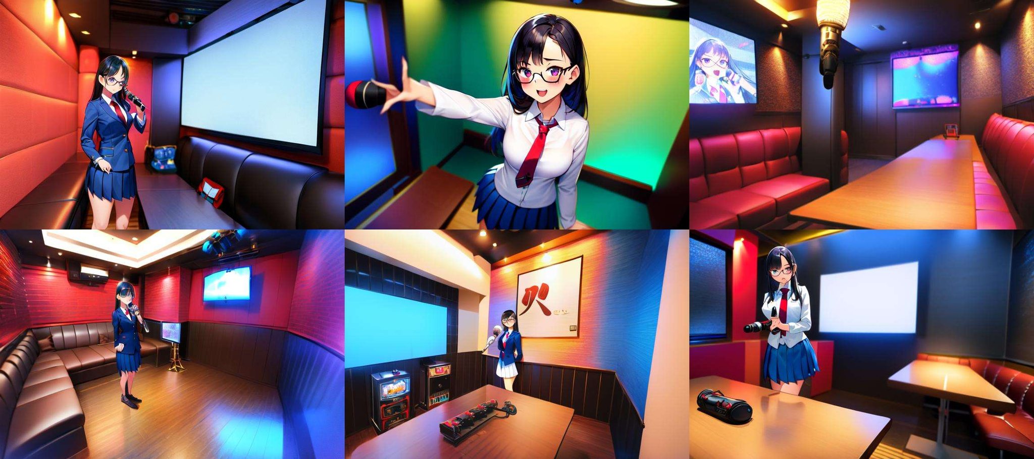 masterpiece, best quality, ultra-detailed, illustration,(1girl:1.4),solo, glasses, ,teenage,  black hair, school bag, white collared shirt, dark red necktie, navy blue pleated skirt, blazer,karaokeroom, karaoke, microphone,