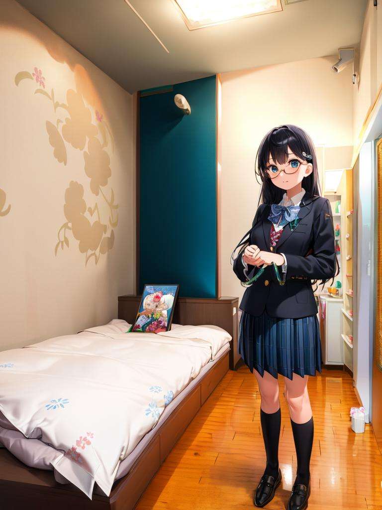 masterpiece, best quality, ultra-detailed, extremely detailed, illustration,1girl, black hair,  long hair, glasses, school uniform,  school bag, standing, lovehotel, LHbedpanel, bed, pillow, table, couch, indoors, phone, tissue box,  wooden floor, cushion, ceiling light, <lora:LoveHotelV5:0.8>