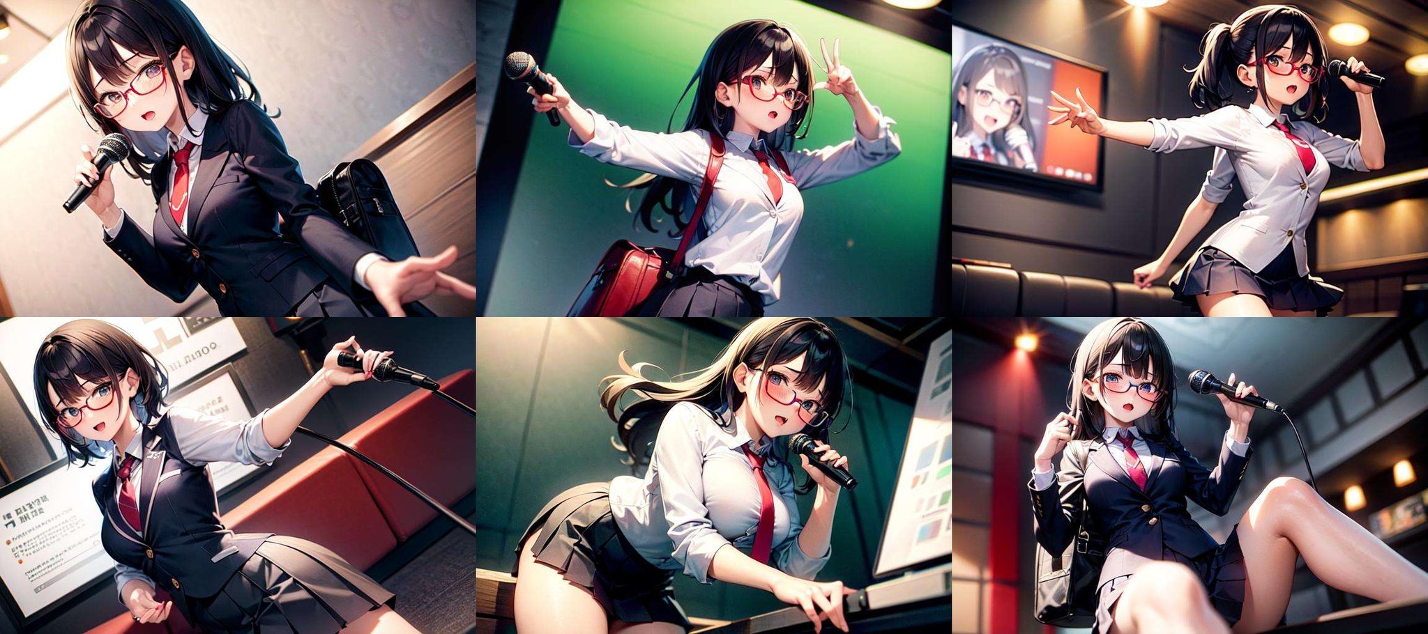 masterpiece, best quality, ultra-detailed, illustration,(1girl:1.4),solo, glasses, ,teenage,  black hair, school bag, white collared shirt, dark red necktie, navy blue pleated skirt, blazer,karaokeroom, karaoke, microphone,