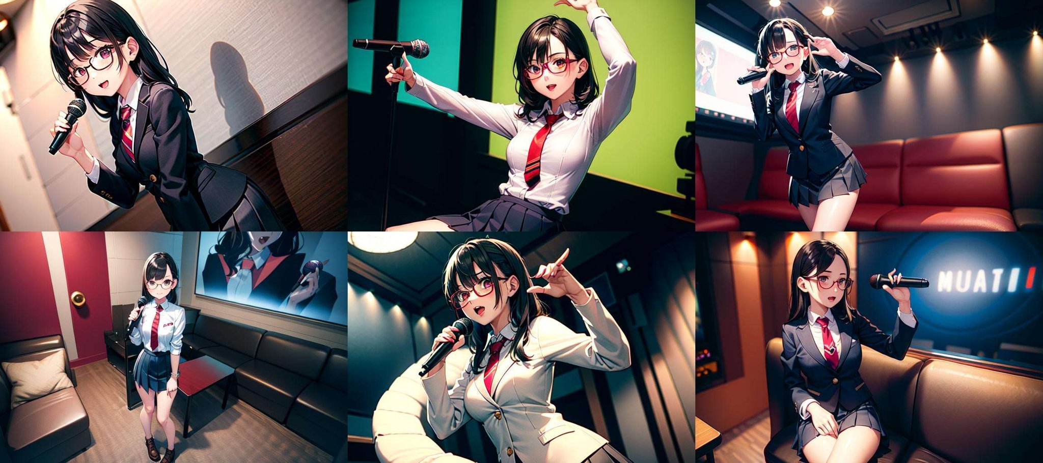 masterpiece, best quality, ultra-detailed, illustration,(1girl:1.4),solo, glasses, ,teenage,  black hair, school bag, white collared shirt, dark red necktie, navy blue pleated skirt, blazer,karaokeroom, karaoke, microphone,