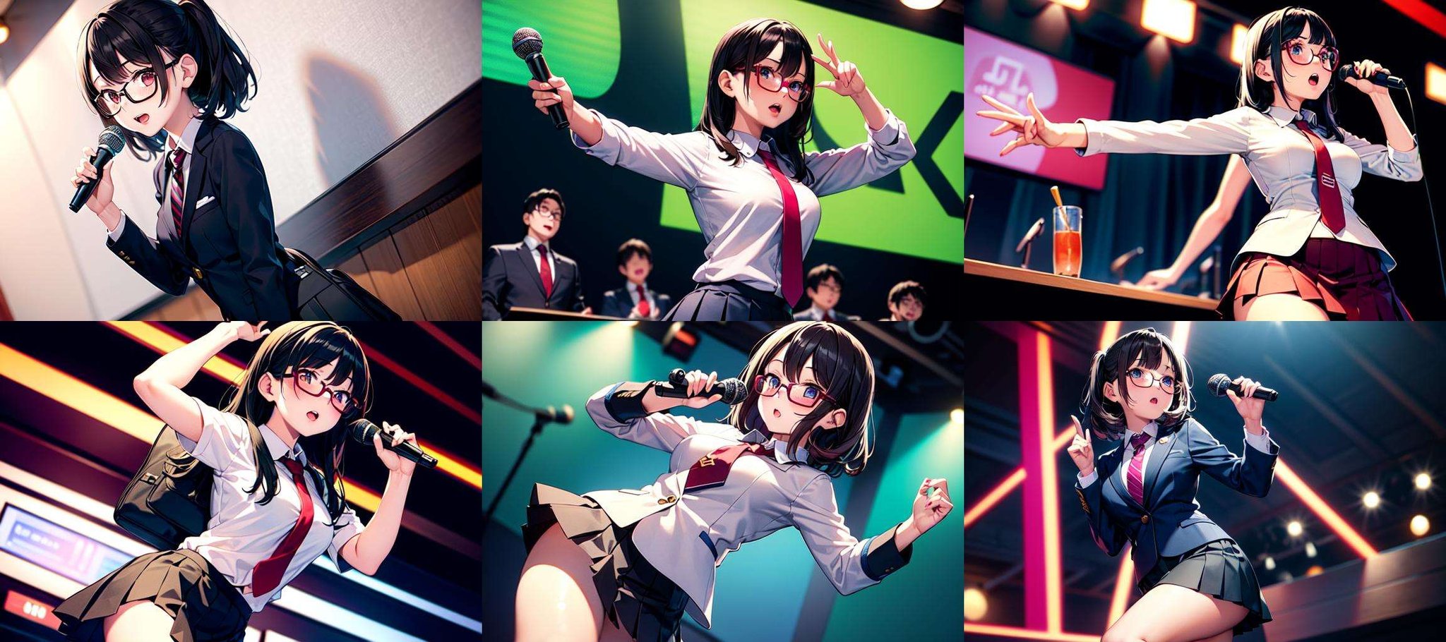 masterpiece, best quality, ultra-detailed, illustration,(1girl:1.4),solo, glasses, ,teenage,  black hair, school bag, white collared shirt, dark red necktie, navy blue pleated skirt, blazer,karaokeroom, karaoke, microphone,