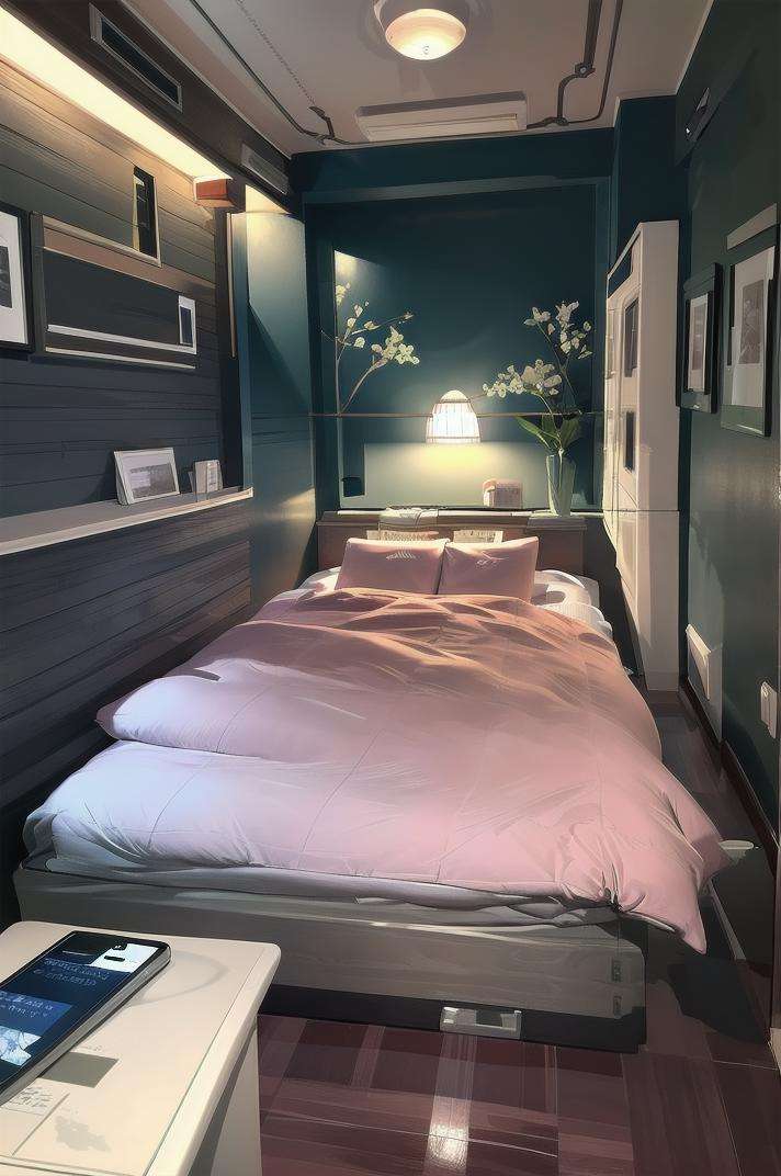 masterpiece, best quality, ultra-detailed, illustration,LHbedpanel, lovehotel, scenery, indoors, lamp, phone, bed, cellphone, desk lamp, realistic,  <lora:LoveHotelV7_1.0_MIDD_Resize_DIM8:1>