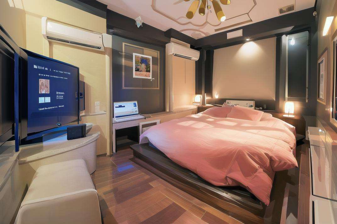 masterpiece, best quality, ultra-detailed, illustration,lovehotel, LHbedpanel, bed, indoors, scenery, lamp, bedroom, television, pillow, monitor, cabinet, light, window, door, table, wooden floor,  <lora:LoveHotelV7_1.0_MIDD:1>