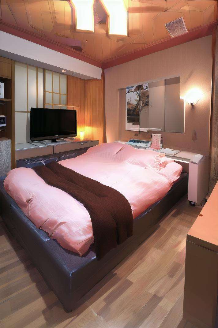 masterpiece, best quality, ultra-detailed, illustration,lovehotel, LHbedpanel, bed, indoors, scenery, lamp, bedroom, television, pillow, monitor, cabinet, light, window, door, table, wooden floor,  <lora:LoveHotelV7_1.0_MIDD:1>
