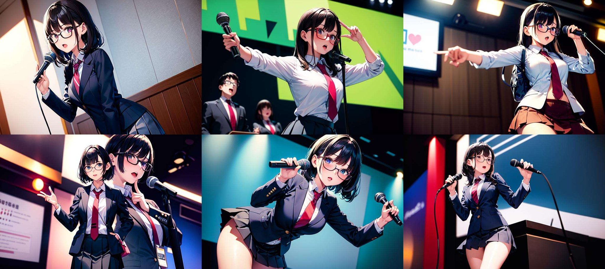 masterpiece, best quality, ultra-detailed, illustration,(1girl:1.4),solo, glasses, ,teenage,  black hair, school bag, white collared shirt, dark red necktie, navy blue pleated skirt, blazer,karaokeroom, karaoke, microphone,