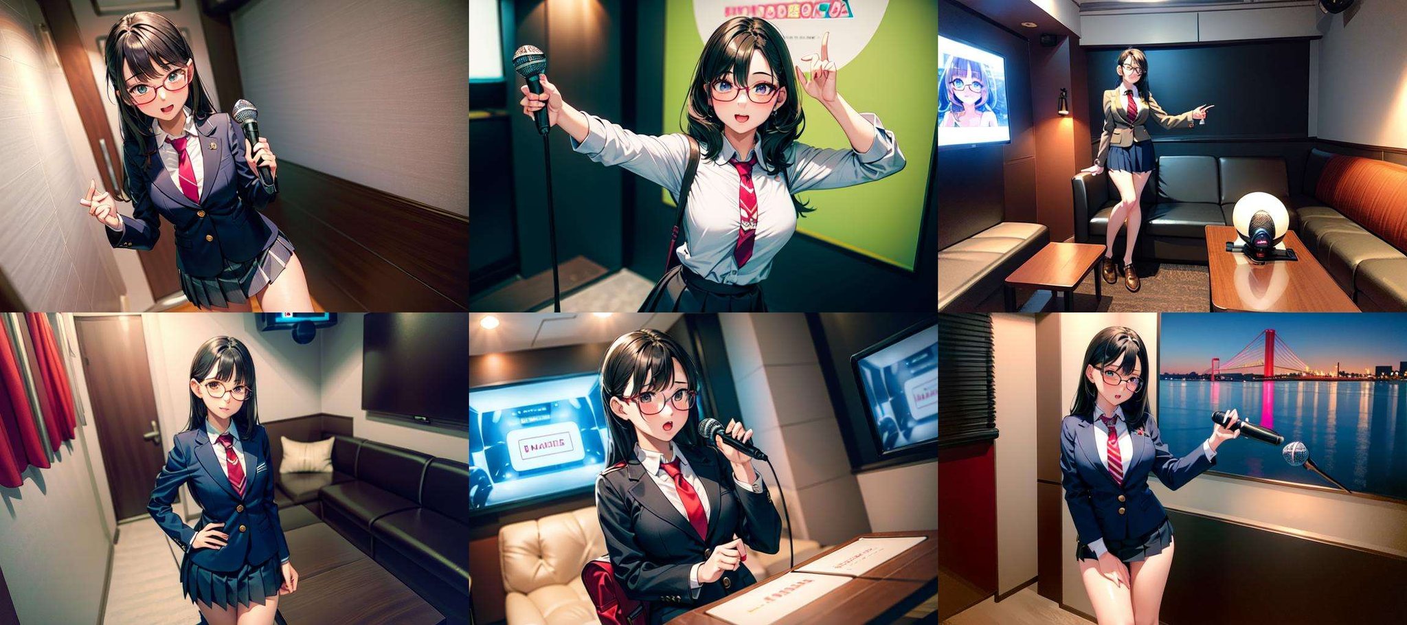 masterpiece, best quality, ultra-detailed, illustration,(1girl:1.4),solo, glasses, ,teenage,  black hair, school bag, white collared shirt, dark red necktie, navy blue pleated skirt, blazer,karaokeroom, karaoke, microphone,