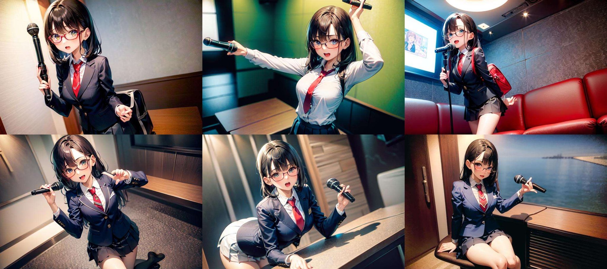 masterpiece, best quality, ultra-detailed, illustration,(1girl:1.4),solo, glasses, ,teenage,  black hair, school bag, white collared shirt, dark red necktie, navy blue pleated skirt, blazer,karaokeroom, karaoke, microphone,