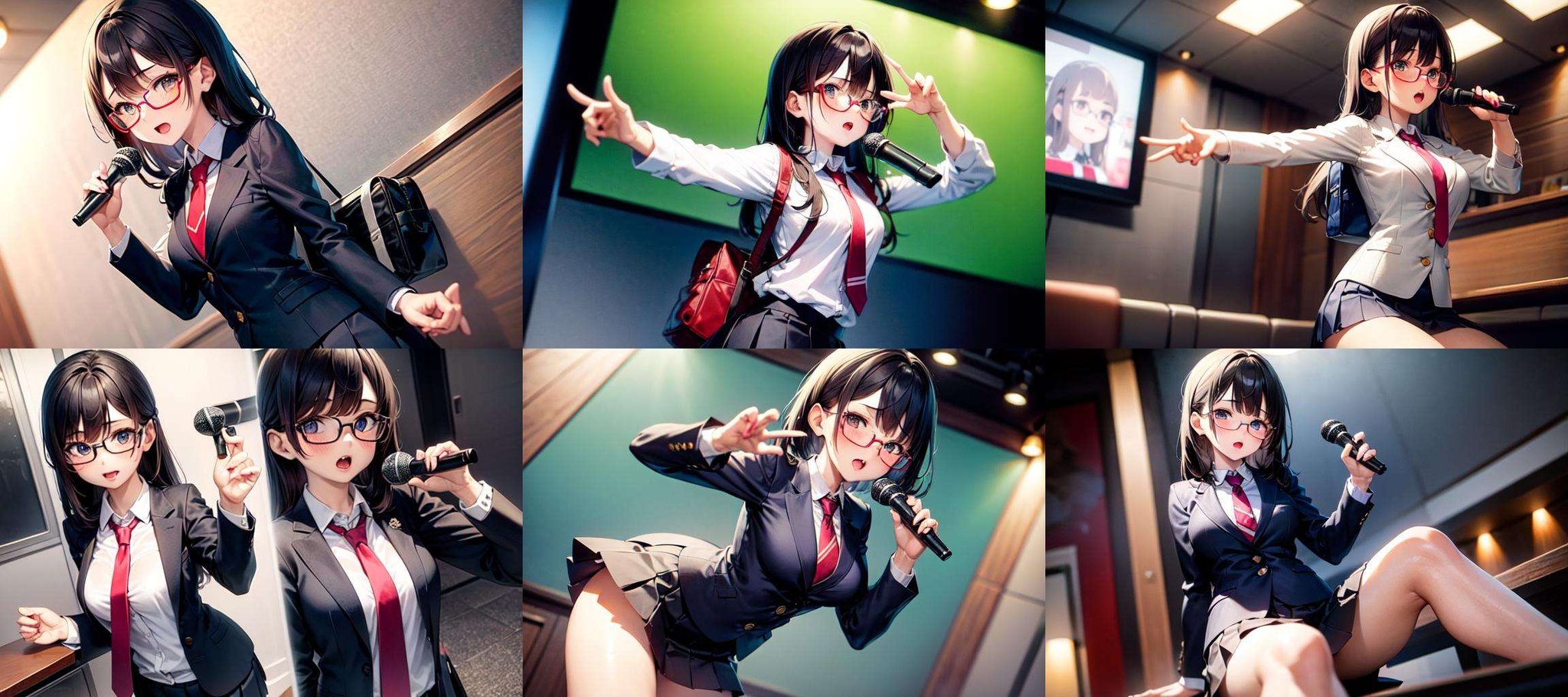 masterpiece, best quality, ultra-detailed, illustration,(1girl:1.4),solo, glasses, ,teenage,  black hair, school bag, white collared shirt, dark red necktie, navy blue pleated skirt, blazer,karaokeroom, karaoke, microphone,