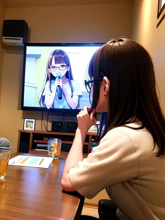 masterpiece, best quality, ultra-detailed, illustration,karaokeroom, scenery, microphone, 1girl, glasses, holding microphone, holding, shirt, karaoke, television, indoors, white shirt, brown hair, solo,  long hair, facing away, upper body, table, couch, denmoku,  <lora:KaraokeRoomV2:0.6>