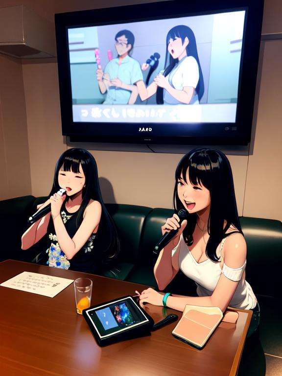 masterpiece, best quality, ultra-detailed, illustration,karaokeroom, scenery, karaoke, 1girl, 2boys, glassses, black hair, microphone, singing,  music,  long hair,  joypad,  table, couch,  <lora:KaraokeRoomV2:0.6>