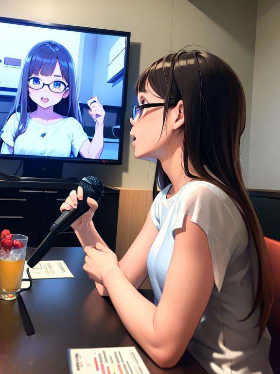 masterpiece, best quality, ultra-detailed, illustration,karaokeroom, scenery, microphone, 1girl, glasses, holding microphone, holding, shirt, karaoke, television, indoors, white shirt, brown hair, solo,  long hair, facing away, upper body, table, couch, denmoku,  <lora:KaraokeRoomV2:0.6>