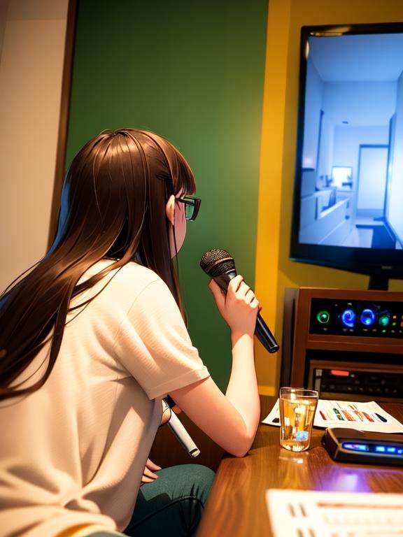 masterpiece, best quality, ultra-detailed, illustration,karaokeroom, scenery, microphone, 1girl, glasses, holding microphone, holding, shirt, karaoke, television, indoors, white shirt, brown hair, solo,  long hair, facing away, upper body, table, couch, denmoku,  <lora:KaraokeRoomV2:0.6>