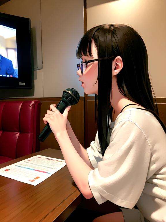 masterpiece, best quality, ultra-detailed, illustration,karaokeroom, scenery, microphone, 1girl, glasses, holding microphone, holding, shirt, karaoke, television, indoors, white shirt, brown hair, solo,  long hair, facing away, upper body, table, couch, denmoku,  <lora:KaraokeRoomV2:0.6>