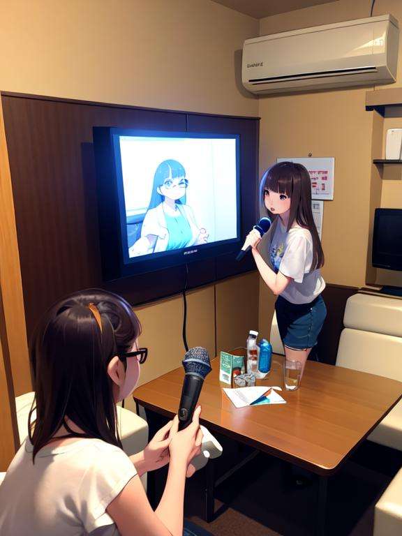 masterpiece, best quality, ultra-detailed, illustration,karaokeroom, scenery, microphone, 1girl, glasses, holding microphone, holding, shirt, karaoke, television, indoors, white shirt, brown hair, solo,  long hair, facing away, upper body, table, couch, denmoku,  <lora:KaraokeRoomV2:0.6>