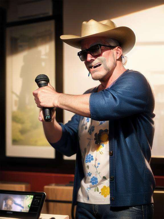 masterpiece, best quality, ultra-detailed, illustration,karaokeroom, scenery, joypad, AT-CLM7000TX, microphone, karaoke, older man, (mascular male:1.8), Fine macho, silver hair, short cut, sunglasses, cowboy hat, hold microphone, laughing, thumbs up,  <lora:KaraokeRoomV2-000008_1.0_MID5:1>