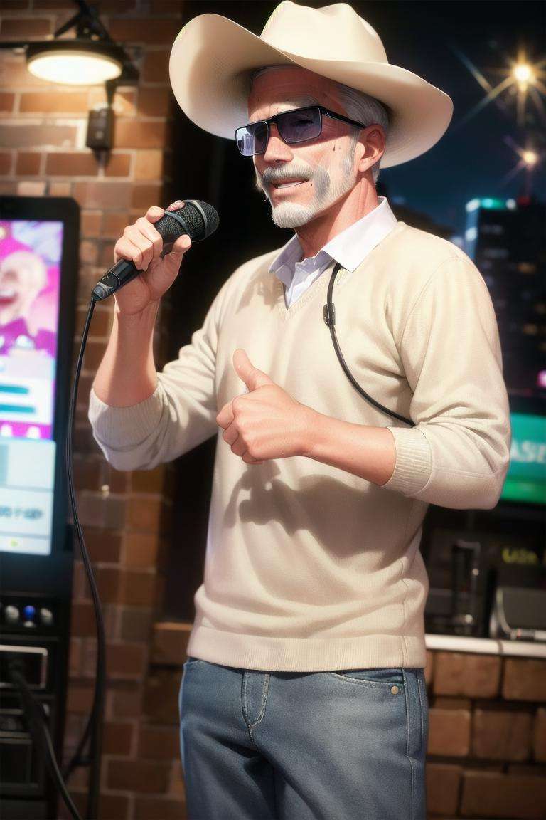 masterpiece, best quality, ultra-detailed, illustration,karaokeroom, scenery, joypad, AT-CLM7000TX, microphone, karaoke, older man, (mascular male:1.8), Fine macho, silver hair, short cut, sunglasses, cowboy hat, hold microphone, laughing, thumbs up,  <lora:KaraokeRoomV2-000008_1.0_MID5:1>