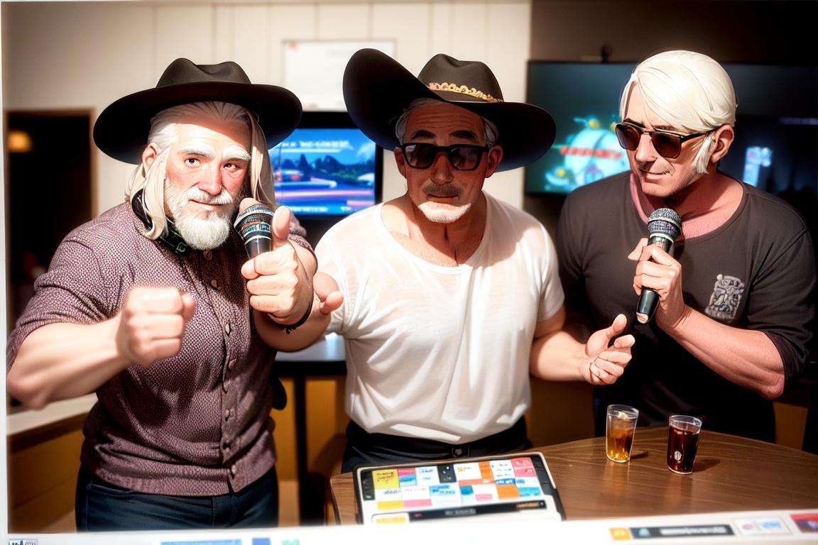 masterpiece, best quality, ultra-detailed, illustration,karaokeroom, scenery, joypad, AT-CLM7000TX, microphoneolder man, (mascular male:1.8), Fine macho, silver hair, short cut, sunglasses, cowboy hat, hold  microphone, laughing, thumbs up, karaoke, <lora:KaraokeRoomV2_1.0_MIDD_Resize_DIM8:1>