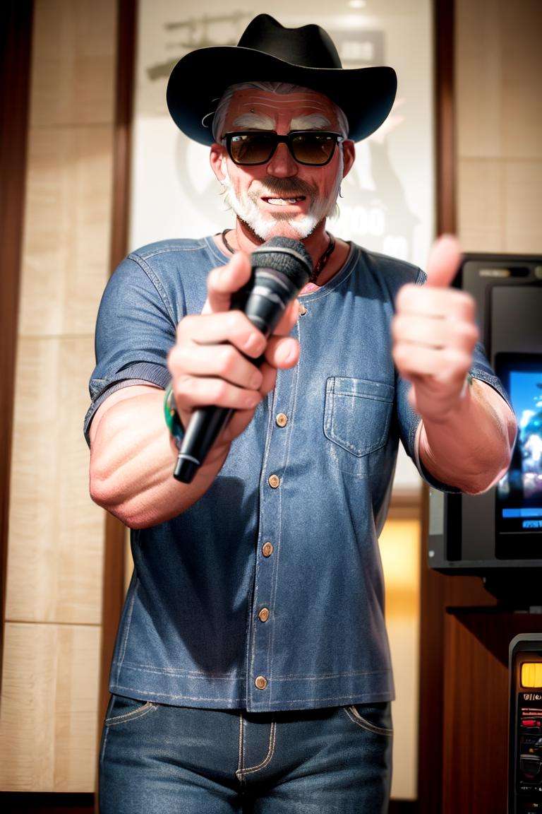 masterpiece, best quality, ultra-detailed, illustration,karaokeroom, scenery, joypad, AT-CLM7000TX, microphoneolder man, (mascular male:1.8), Fine macho, silver hair, short cut, sunglasses, cowboy hat, hold  microphone, laughing, thumbs up, karaoke, <lora:KaraokeRoomV2_1.0_MIDD_Resize_DIM8:1>