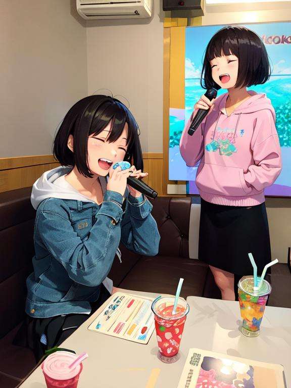 masterpiece, best quality, ultra-detailed, illustration,karaokeroom, scenery, multiple girls, karaoke, 2girls, microphone, black hair, 2boys, realistic, sitting, multiple boys, long hair, smile, skirt, food, short hair, hoodie, hood, real life insert, cup, drinking straw, music, closed eyes, grin, karaoke <lora:KaraokeRoomV2_1.0_MIDD_Resize_DIM8:1>