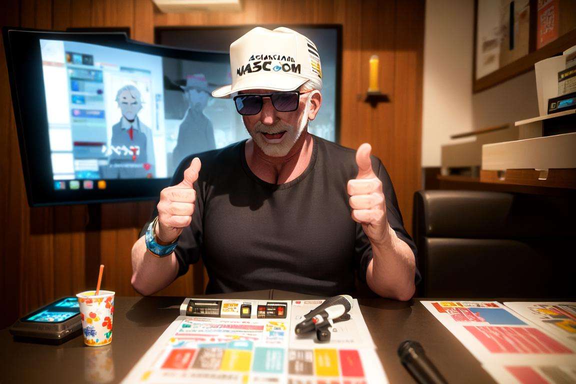 masterpiece, best quality, ultra-detailed, illustration,karaokeroom, scenery, joypad, AT-CLM7000TX, microphoneolder man, (mascular male:1.8), Fine macho, silver hair, short cut, sunglasses, cowboy hat, hold  microphone, laughing, thumbs up, karaoke, <lora:KaraokeRoomV2_1.0_MIDD_Resize_DIM8:1>