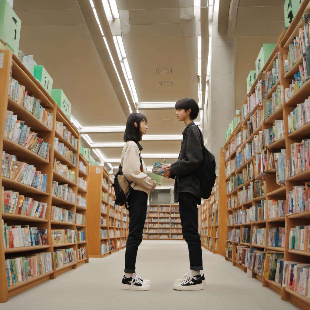 best quality, ultra-detailed, illustration, japanese girl, cute, (shy smile), jpn-girl,NCT2, solo, black hair, book, 1girl, bookshelf, bag, pants, shoes, library, wide shot, standing, ceiling, short hair, ceiling light, black pants, long sleeves, 1boy, backpack, holding, realistic, photo (medium), photo background, real world location <lora:tosyokan_SDXL_V2:1>