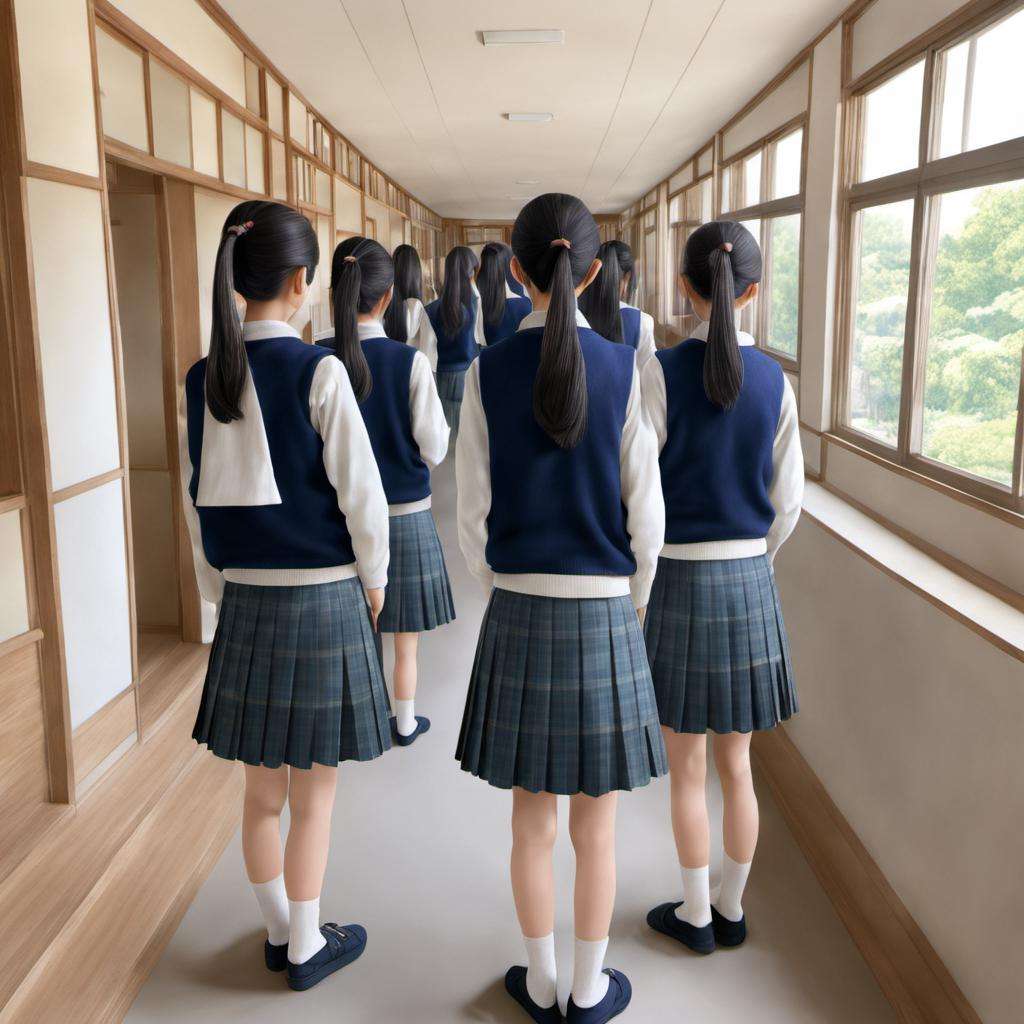 masterpiece, best quality, ultra-detailed, illustration,rouka, school, multiple girls, school uniform, skirt, window, hallway, indoors, black hair, 2girls, scenery, from behind, multiple boys, tree, vest, plaid, sunlight, sweater vest, plaid skirt, 3girls, 1boy, realistic, photo background, photo (medium), photorealistic <lora:rouka_SDXL_V2:1> <lora:japanese_girl_v1.1:1> jpn-girl
