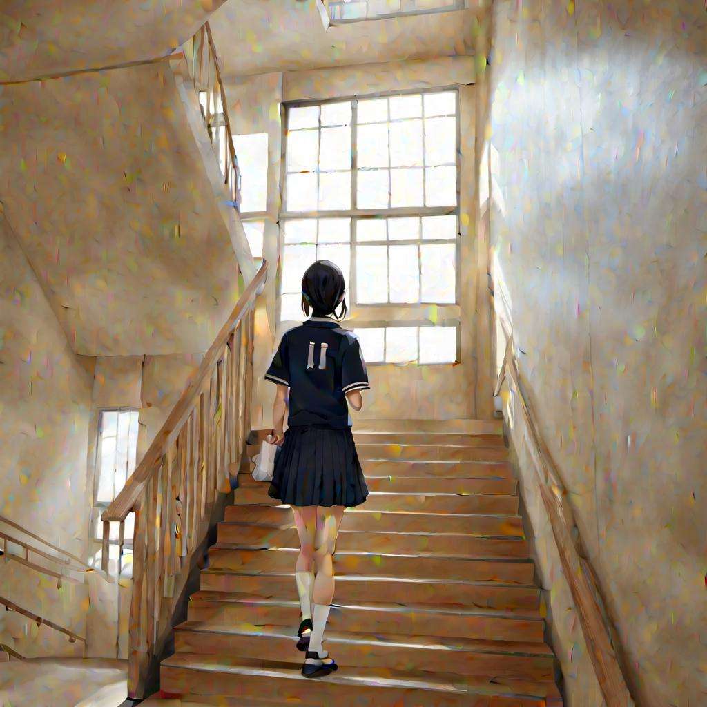 best quality, ultra-detailed,kaidan, stairs, door, scenery, indoors, hallway, window, ceiling light, railing, solo, shadow, realistic, photo background, 1girl, black hair, school uniform, standing,  <lora:Kaidan_SDXL_V2:1> <lora:japanese_girl_v1.1:1> jpn-girl