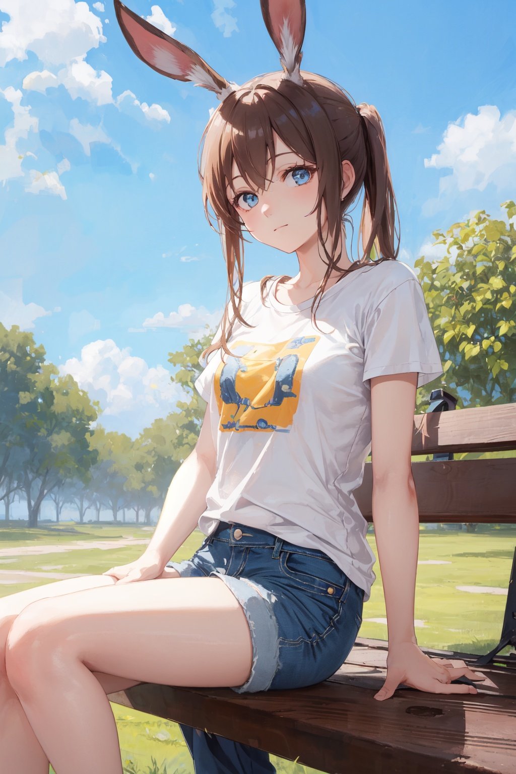 amidef,1girl,masterpiece, best quality, blue sky, looking at viewer, sitting on bench park,closed mouth,t-shirt, denim shorts,close view,soft smile