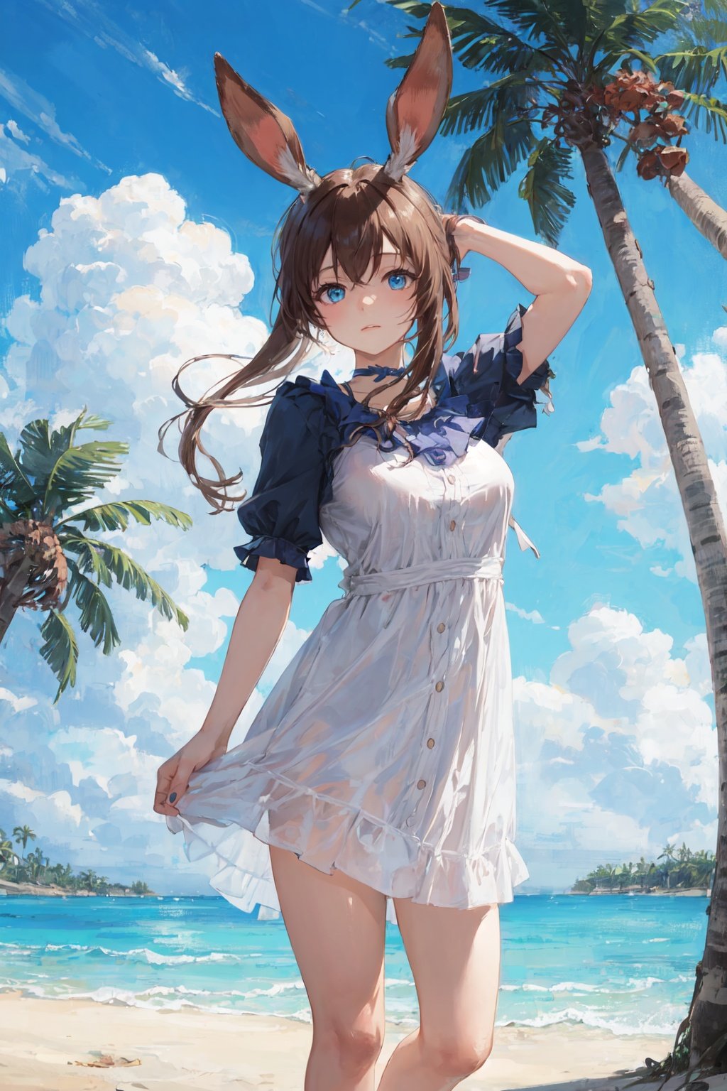 amidef,1girl,masterpiece, best quality, blue sky, looking at viewer,casual dress,beach,palm tree, medium breasts,
