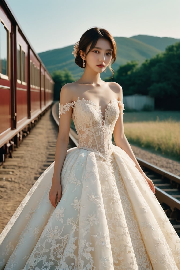 cinematic photo Rollei Ortho 25,Yves Saint Laurent (伊夫·圣罗兰),((Elongated train ball gown with intricate lace appliqués)),detail face,ldr,Cowboy_Shot,1girl,best quality,8k,masterpiece, . 35mm photograph, film, bokeh, professional, 4k, highly detailed