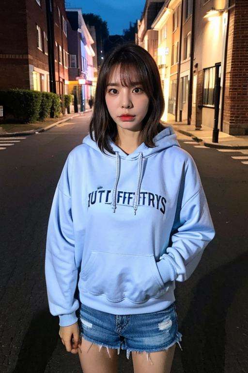 Fujifilm XT3, 8k,close up photo, masterpiece, best quality, (((1girl))), solo,realistic, ((looking at viewer)), photorealistic, (extremely detailed face), looking at viewer, ((ultra-detailed eyes and pupils)), ultra detailed, serious expression, ((standing city street at night)), hoodie, long sleeves, short hair, bangs, <lora:sunnylorashy:0.9>