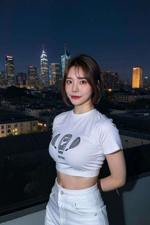 Fujifilm XT3, 8k,close up photo, masterpiece, best quality, (((1girl))), solo,realistic, ((looking at viewer)), photorealistic, (extremely detailed face), looking at viewer, ((ultra-detailed eyes and pupils)), ultra detailed, serious expression, cropped top,shirts, ((standing against a city skyline at night)), (rooftop), crop top, ((navel)), arms behind back, smile, brown short hair, bangs, (arms behind back), <lora:sunnylorashy:1>