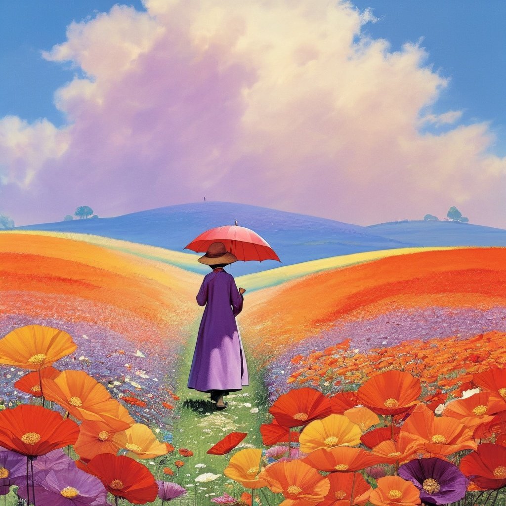 best quality,FieldSauce, flower, sky, cloud, outdoors, field, solo, blue sky, flower field, day, scenery, red flower, 1girl, cloudy sky, orange flower, umbrella, wide shot, standing, hat, holding, traditional media, purple flower