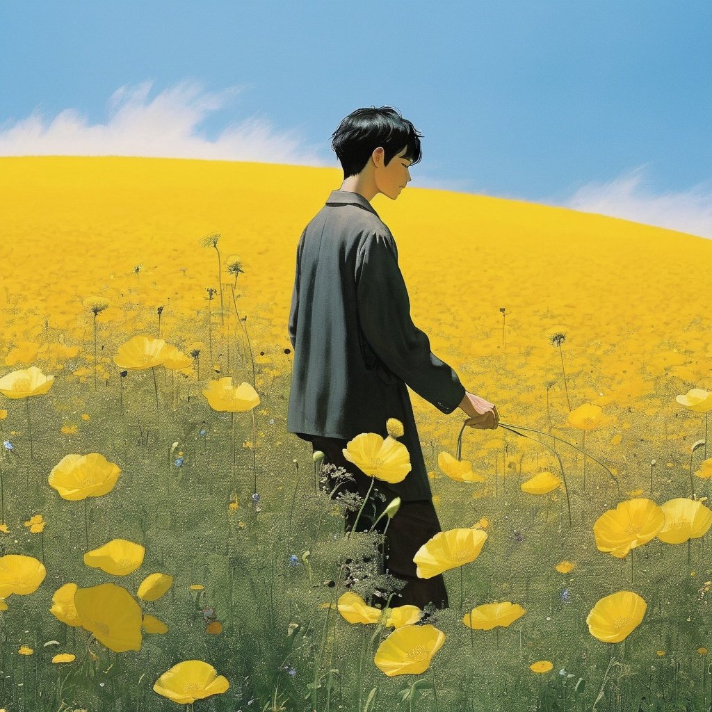 best quality,FieldSauce, flower, solo, 1boy, male focus, black hair, outdoors, field, sky, standing, flower field, yellow flower, short hair