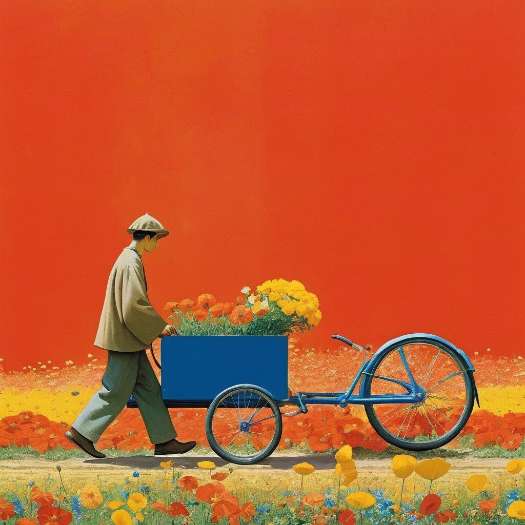 FieldSauce, flower, 1boy, yellow flower, male focus, pants, solo, orange flower, blue flower, bicycle, walking, shoes, from side, field, red background, long sleeves, wide shot, red flower, ground vehicle