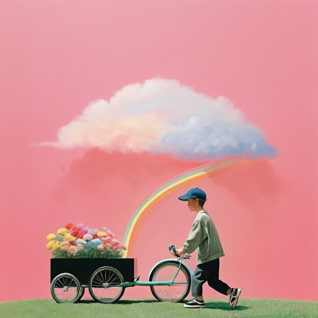 best quality,FieldSauce, rainbow, 1boy, hat, male focus, solo, pink background, bicycle, baseball cap, ground vehicle, cloud, black footwear, sky