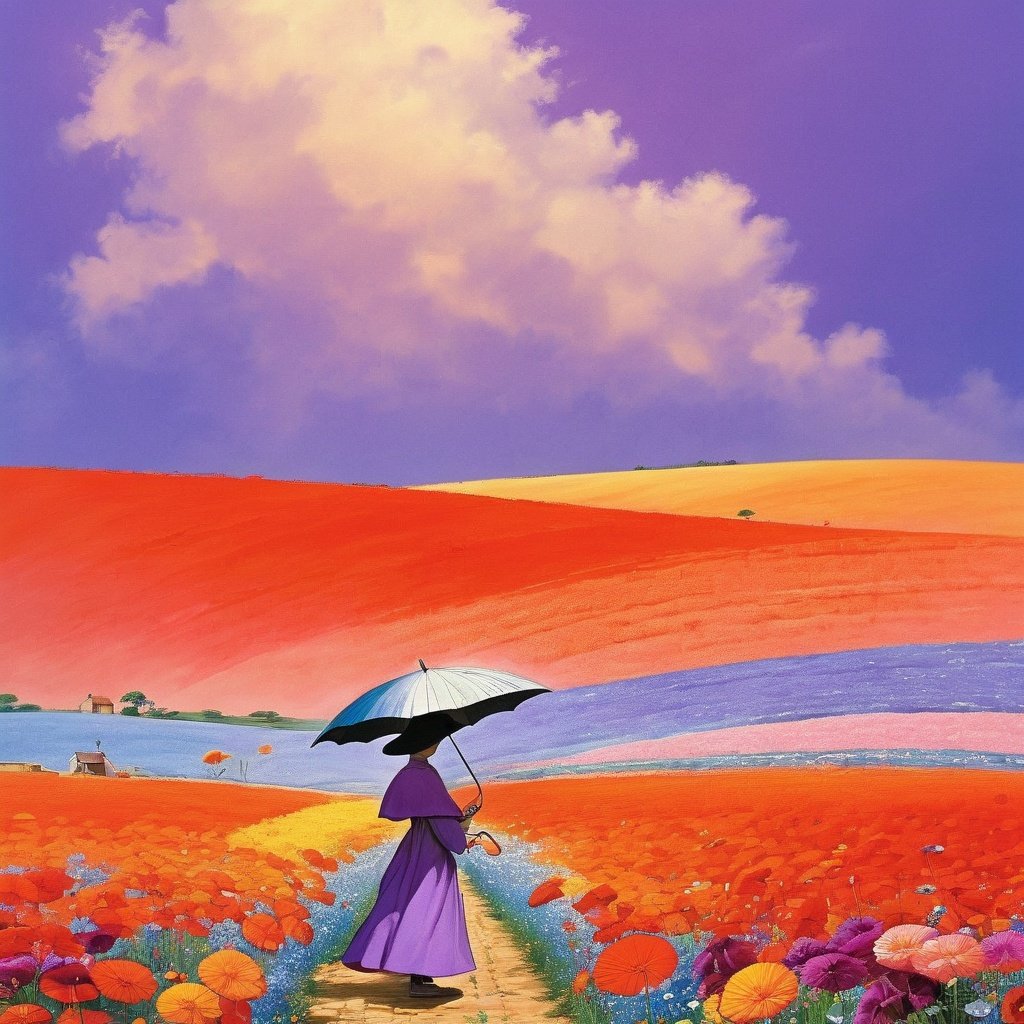 best quality,FieldSauce, flower, sky, cloud, outdoors, field, solo, blue sky, flower field, day, scenery, red flower, 1girl, cloudy sky, orange flower, umbrella, wide shot, standing, hat, holding, traditional media, purple flower