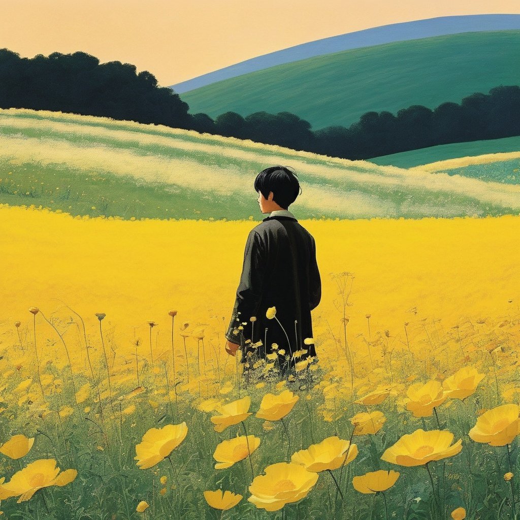 best quality,FieldSauce, flower, solo, 1boy, male focus, black hair, outdoors, field, sky, standing, flower field, yellow flower, short hair