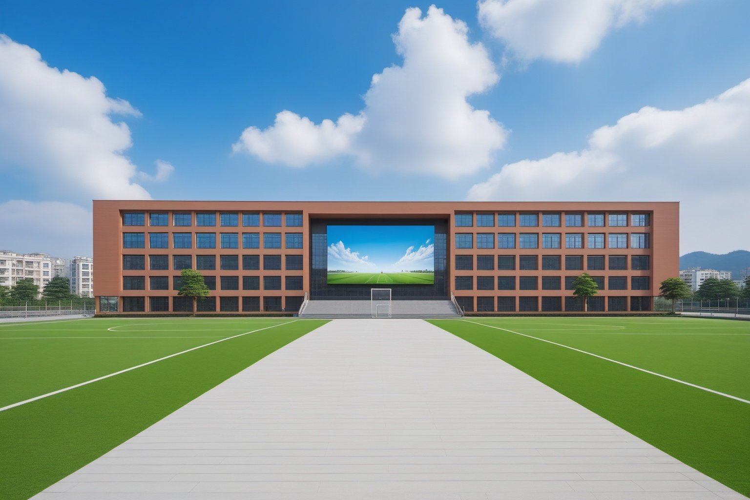 (masterpiece), best quality,8K,no humans, outdoors,xuexiao,school,building, blue sky,day,cloud,tree,grass,stairs,football,runway, window, <lora:ZSschoolV1.0:0.3>