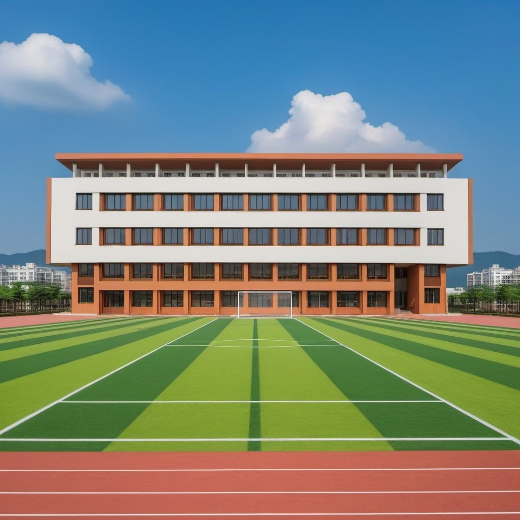 (masterpiece), best quality,8K,no humans, outdoors,xuexiao,school,building, day,blue sky, football,runway,cloud,tree,grass,(stairs:0.8),window,   <lora:ZSschoolV1.0-000045:0.5>