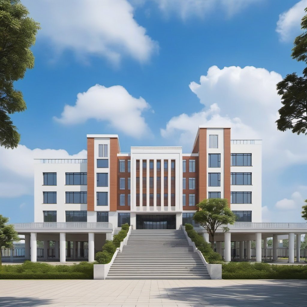 (masterpiece), best quality,8K,no humans, outdoors,xuexiao,school,building, day,blue sky,cloud,tree,grass,(stairs:0.8),window,    <lora:ZSschoolV1.0-000030:0.7>